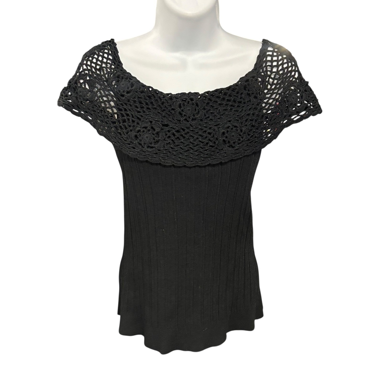 Cabo Black Knit Floral Crochet Off The Shoulder Top Size L Y2k